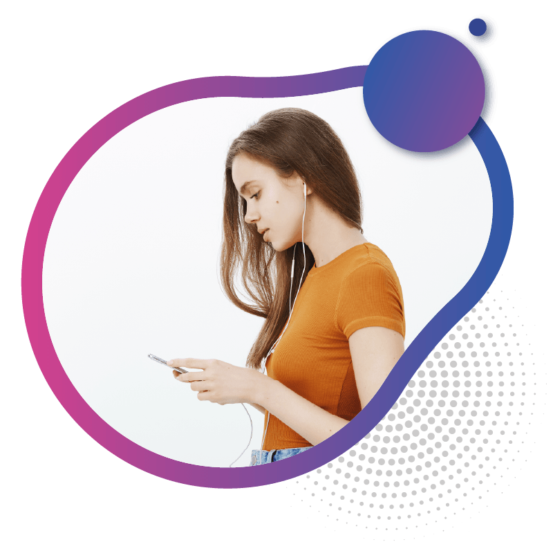 A young woman in a mustard-colored shirt listens to music on her phone while wearing earbuds, set against a gradient background, symbolizing the best value and seamless connectivity offered by eSIM technology in Australia.