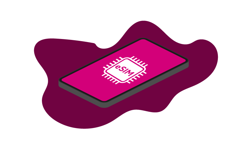 A pink smartphone displays a prominent eSIM chip logo, set against a vibrant, abstract purple background, symbolizing the no-hassle, seamless connectivity and easy activation provided by eSIM technology in Australia.