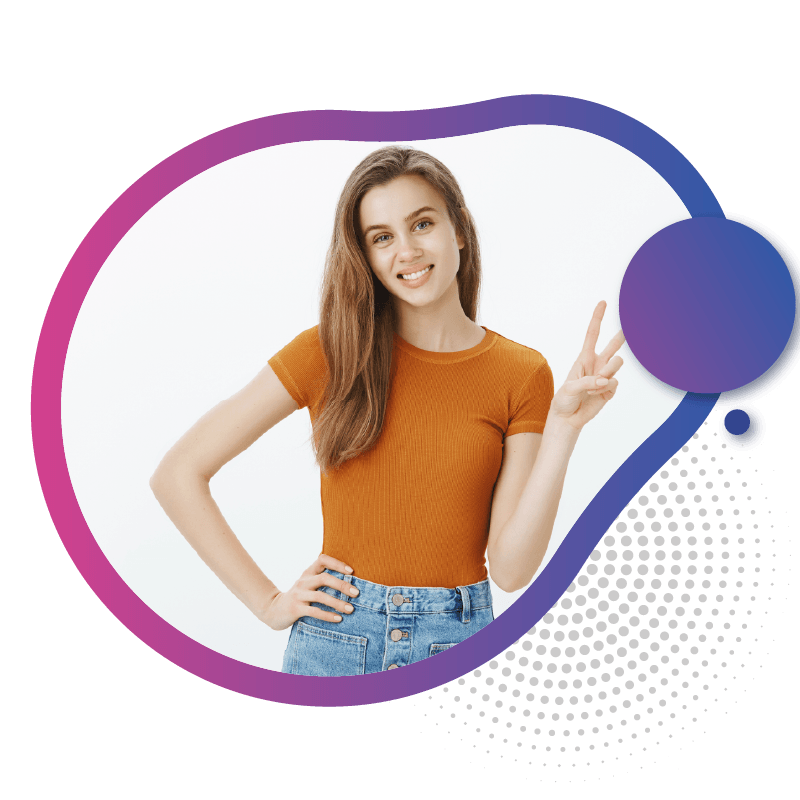 A young woman with long hair gestures peace with one hand, wearing an orange shirt and denim shorts, set against a colorful background, symbolizing the convenience and connectivity of eSIM technology for travelers in Australia