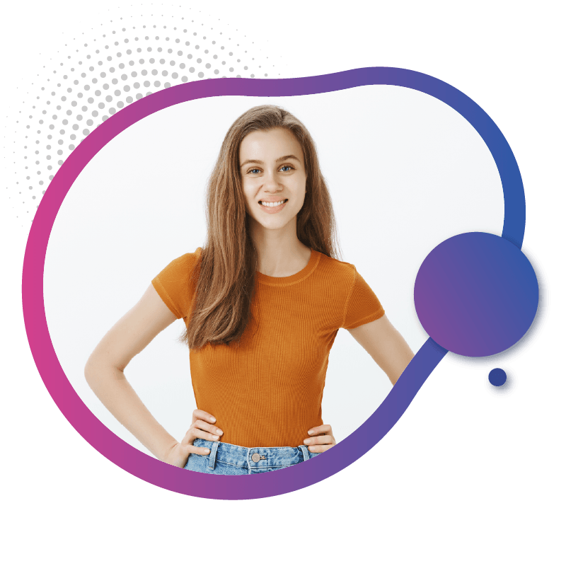 A young woman stands with hands on her hips, wearing an orange t-shirt and denim shorts, against a light background with graphic accents, symbolizing the future-ready capabilities of eSIM technology in Australia for seamless connectivity.