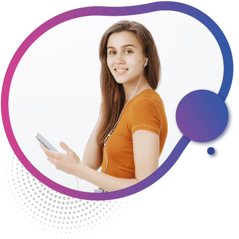 A young women with long brown hair wears earphones and holds a smartphone, showcased against a vibrant, abstract background, symbolizing the simple and easy activation process of eSIM technology in Australia